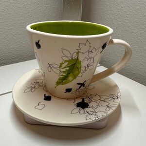 Starbucks Coffee Cup & Saucer 10 oz Teacup Embossed Falling Leaves & Green Leaf